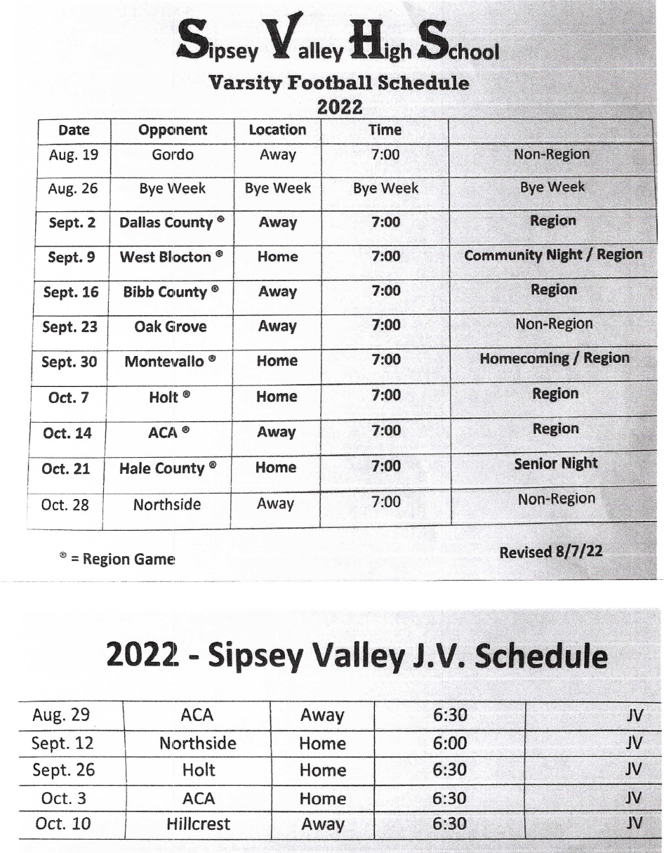 2022 SVHS Football Schedule